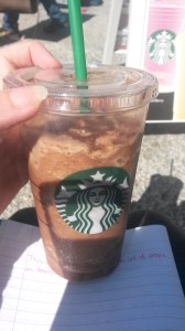 Frappuchino and my note book in the sunshine